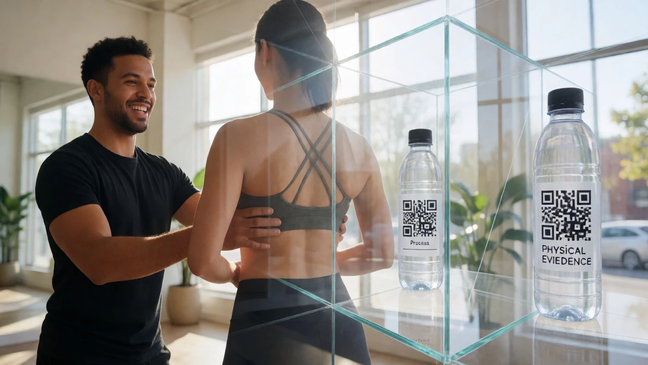 Fitness studio scene merging human touch and tangible brand elements