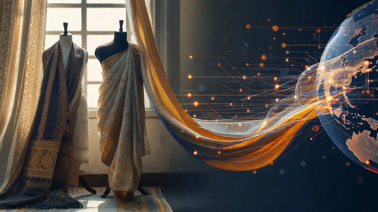 Handloom fabrics blending with digital lines representing IT exports