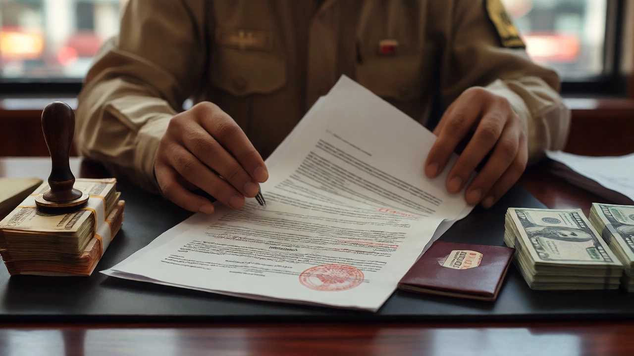Hands sorting property deeds and currency on a wooden desk