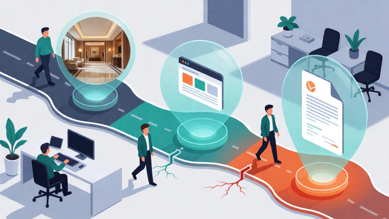 Isometric view of customer journey with process and evidence cues