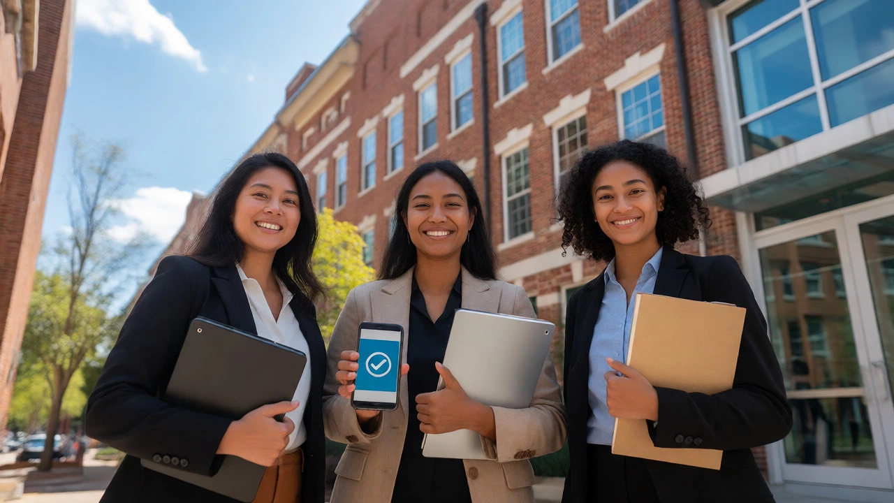 Professionals standing outside Virginia building with business documents