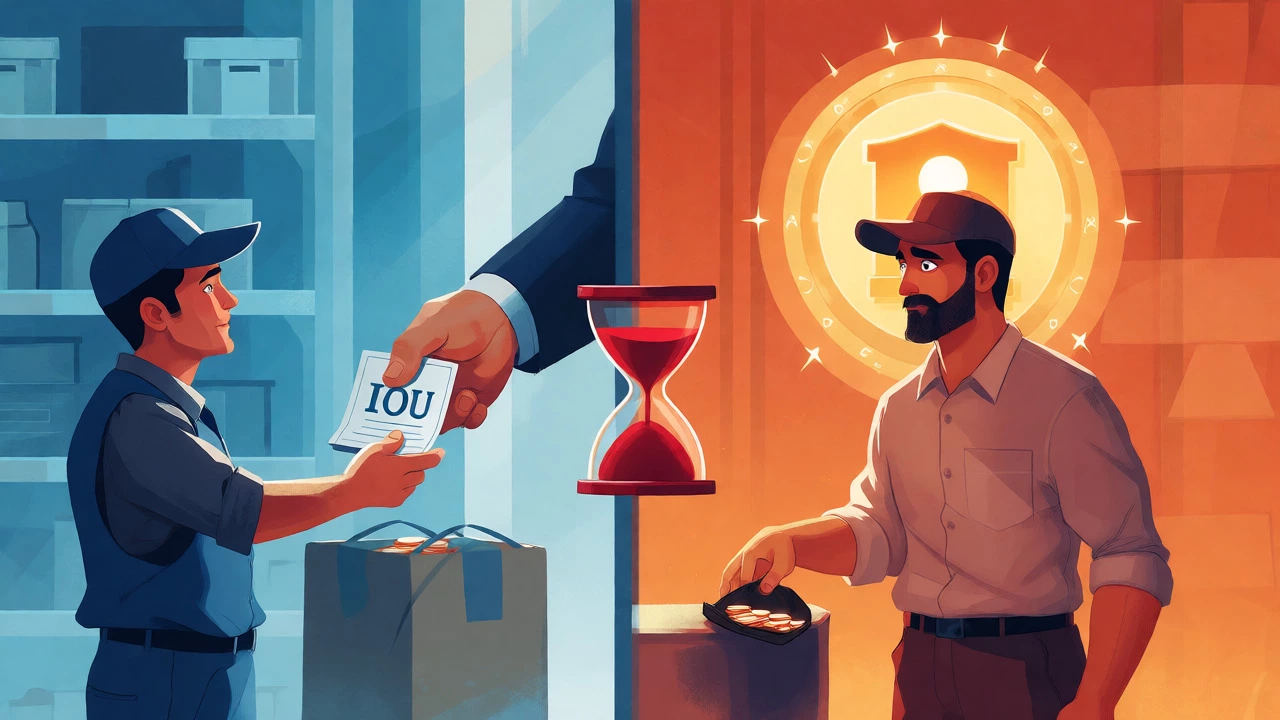 Conceptual art showing a small vendor facing cash flow crisis due to delayed buyer payments.