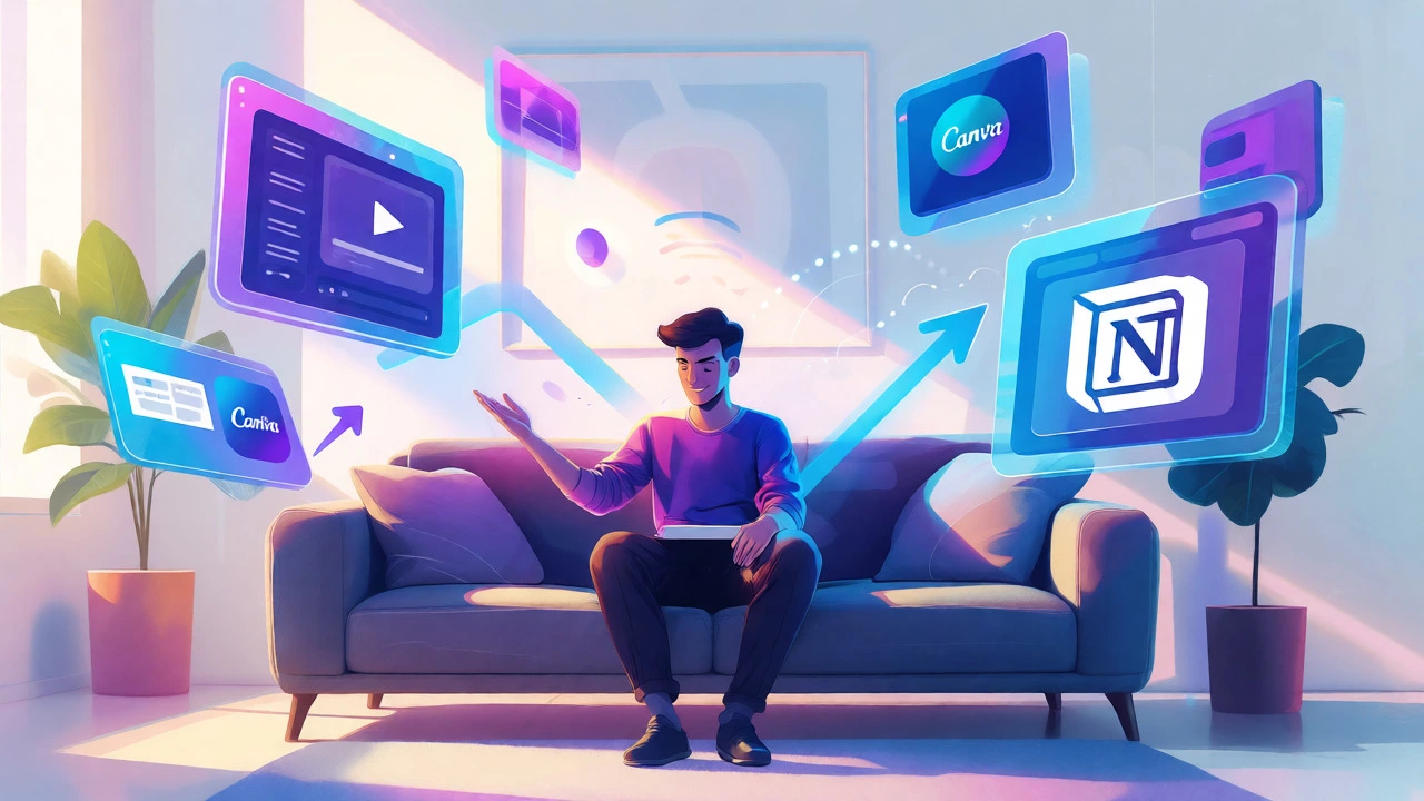 Creator managing digital products like courses and templates from a home studio