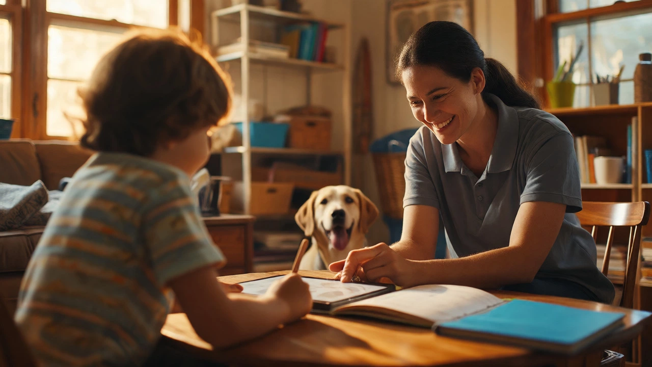 Home-based tutor helping a child with a pet nearby in a warm living room