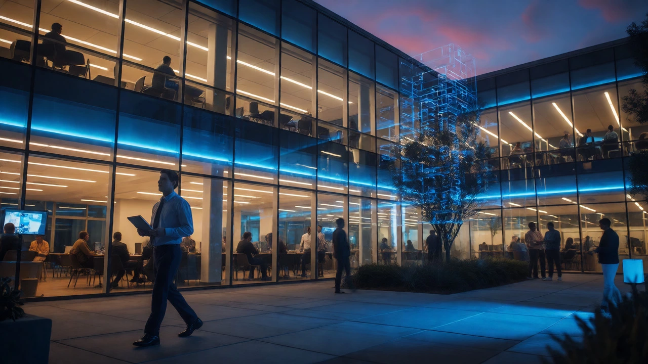 MBA graduate walking through a modern tech campus at dusk