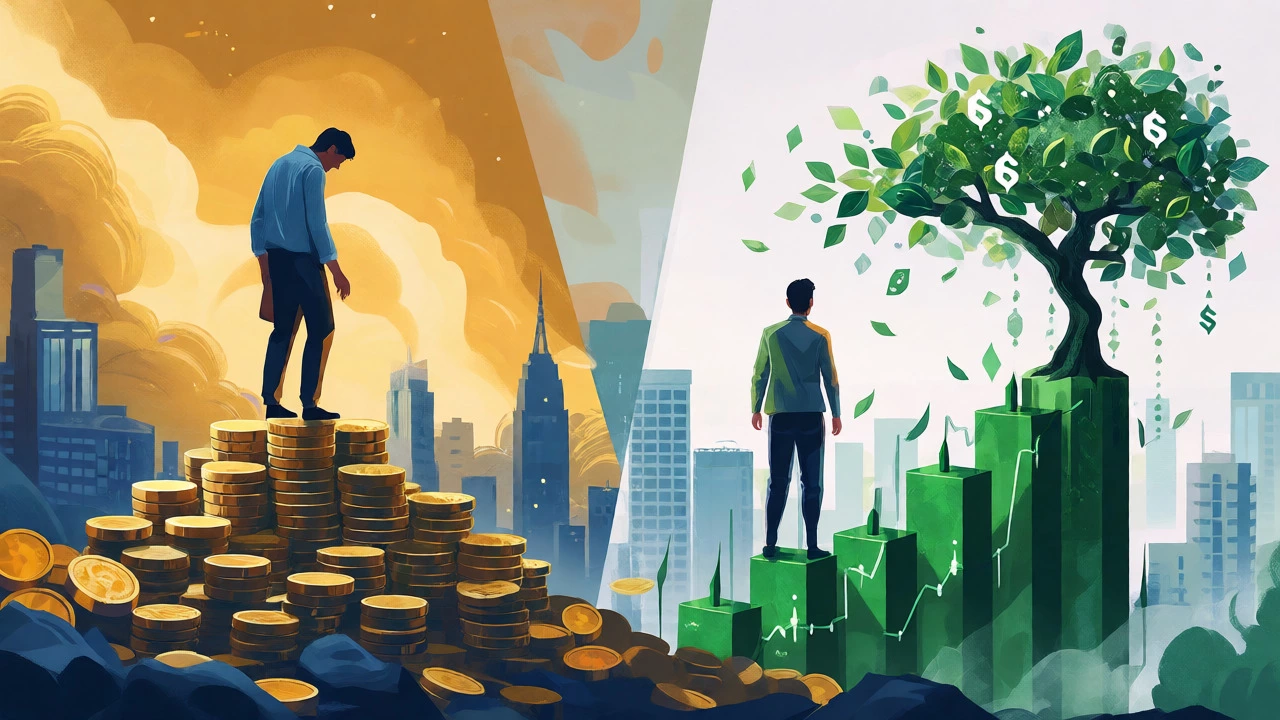 Split image comparing wealth from finance vs growth from tech equity